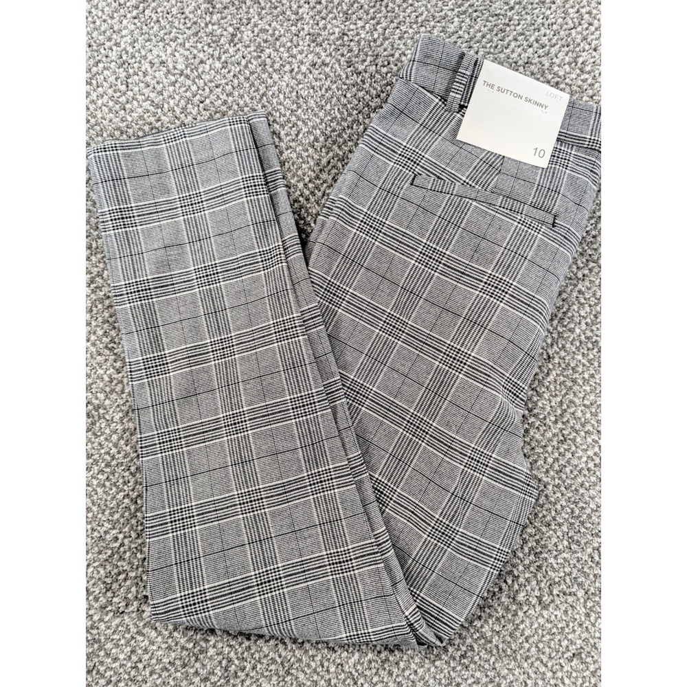 LOFT The Sutton Skinny Pants Grey Plaid Trousers Size 10 Office Slim Fit NEW